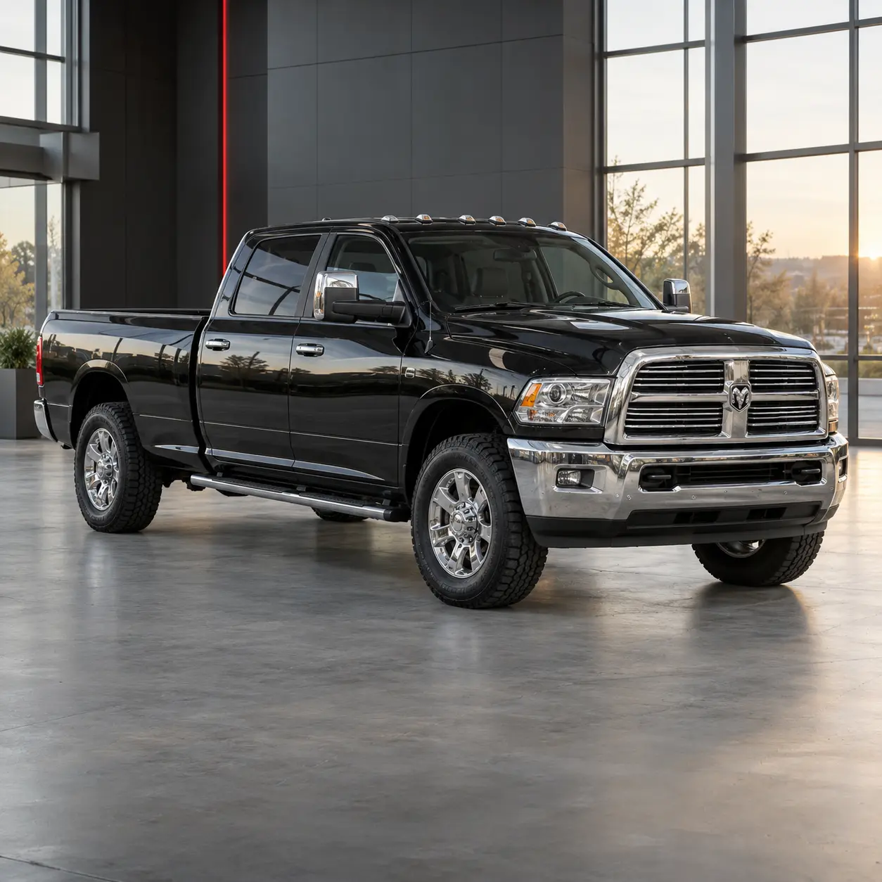 AI-generated black heavy-duty pickup in a modern showroom
